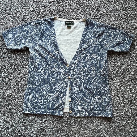 Vintage Blue and White Paisley Button Up Cardigan Eddie Bauer, Women's Medium - Picture 1 of 5